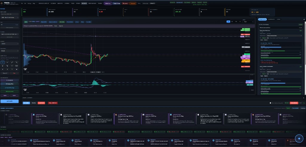 PitStrike trading command center — chart, strategy data, market intelligence, and execution controls in one workspace.