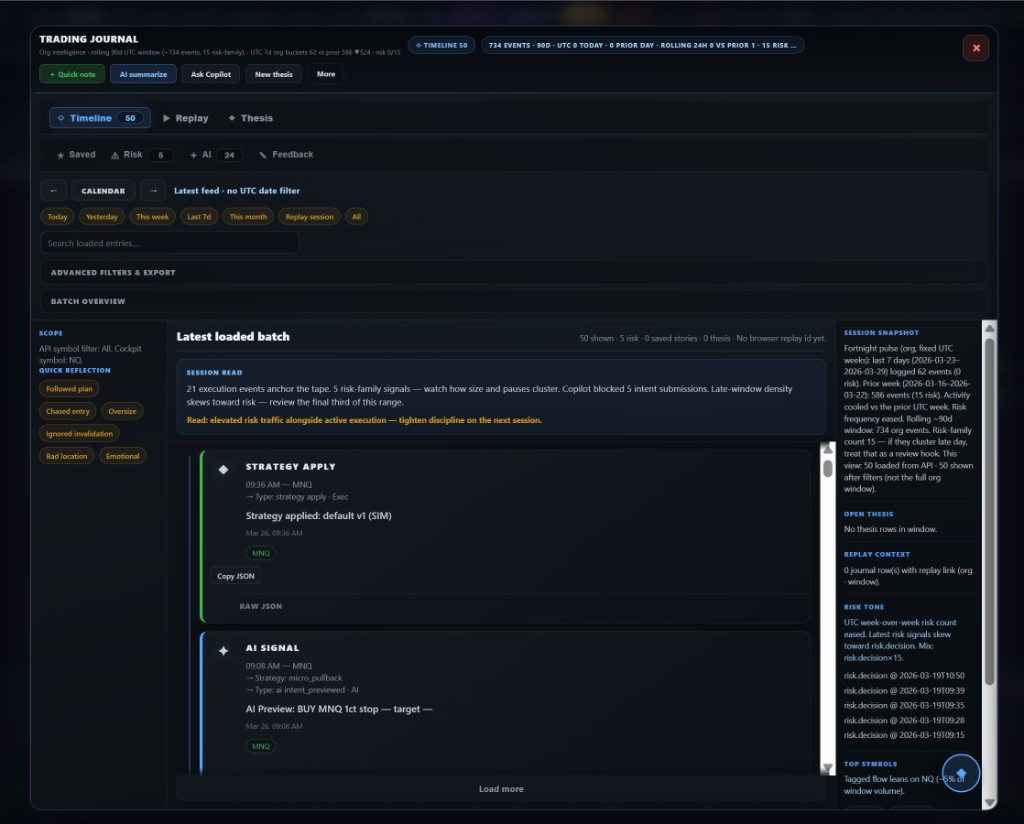 Trading Journal — timeline, session snapshot, scope filters, and event feed.